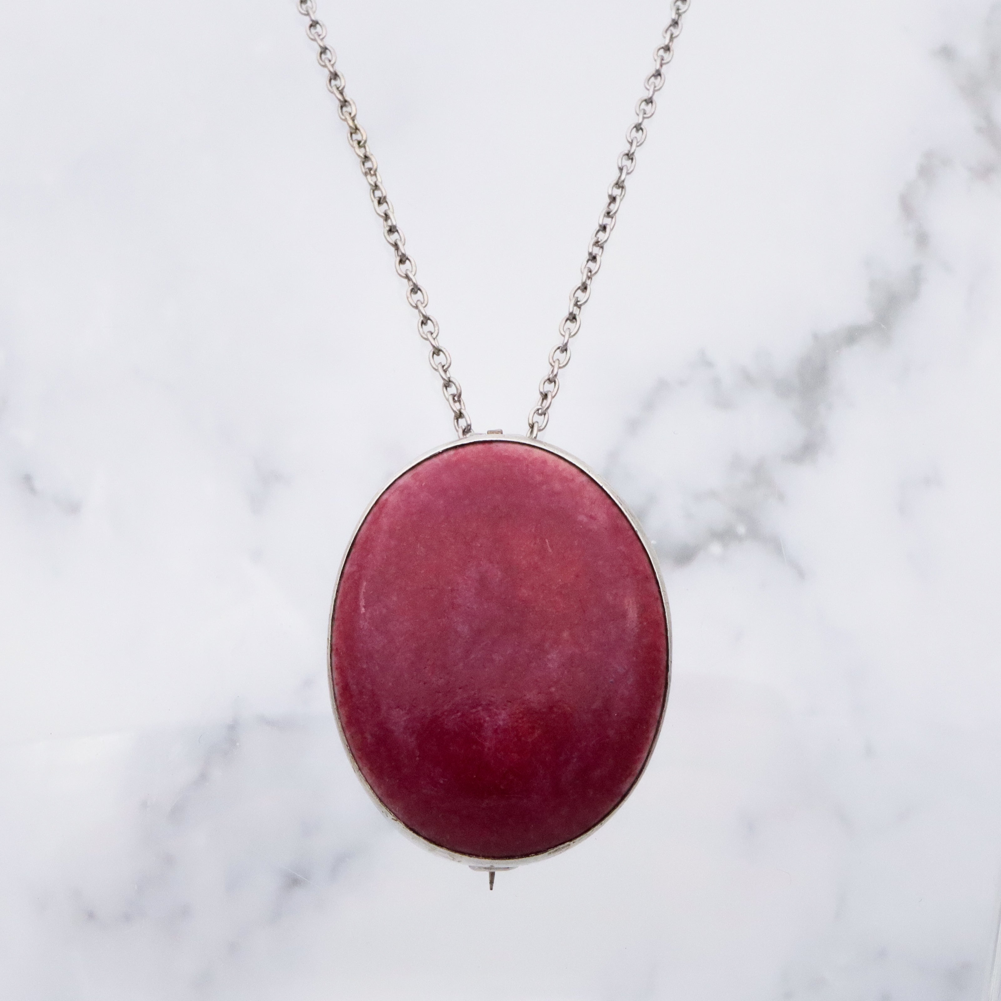 Antique Arts & Crafts rose red glazed pottery sterling brooch